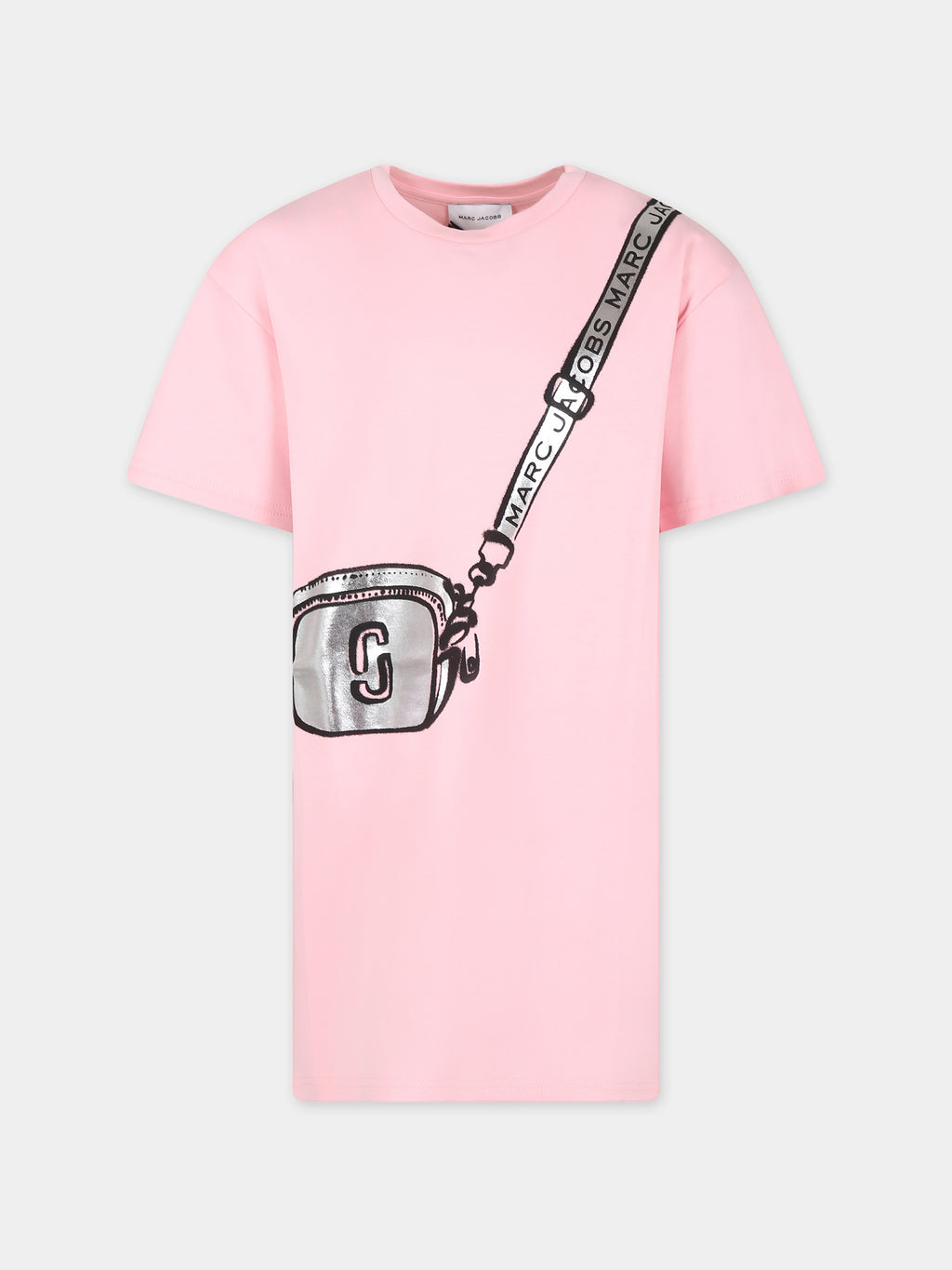 Vestito rosa per bambina con stampa borsa e logo